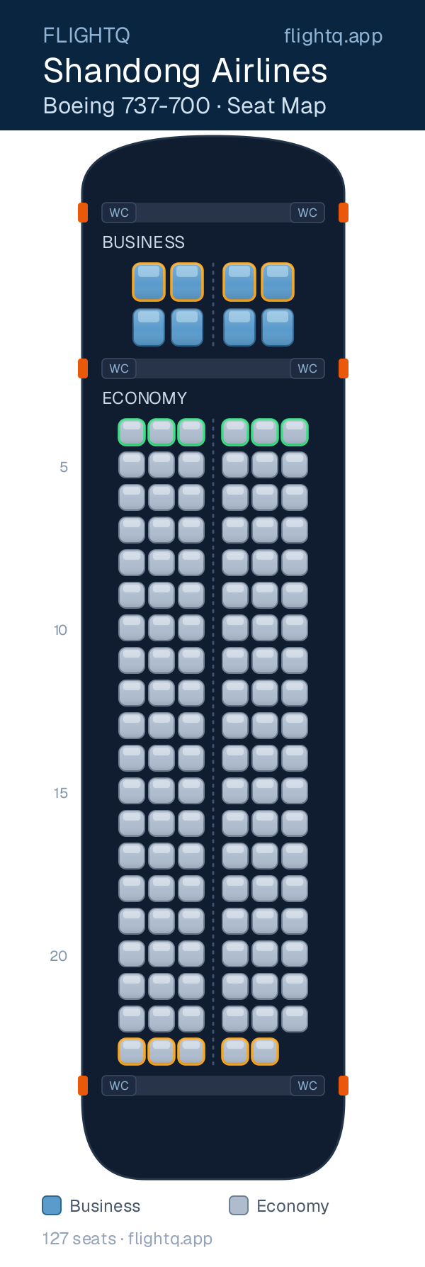 Shandong Airlines Boeing 737-700 seat map with 127 seats across 2 cabins — best seats and rows to avoid