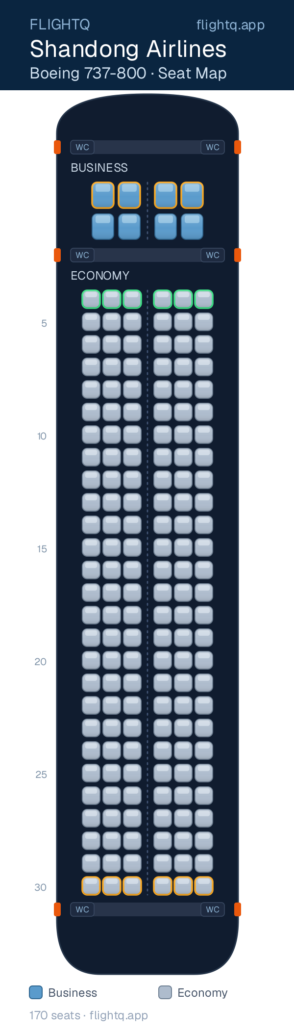 Shandong Airlines Boeing 737-800 seat map with 170 seats across 2 cabins — best seats and rows to avoid