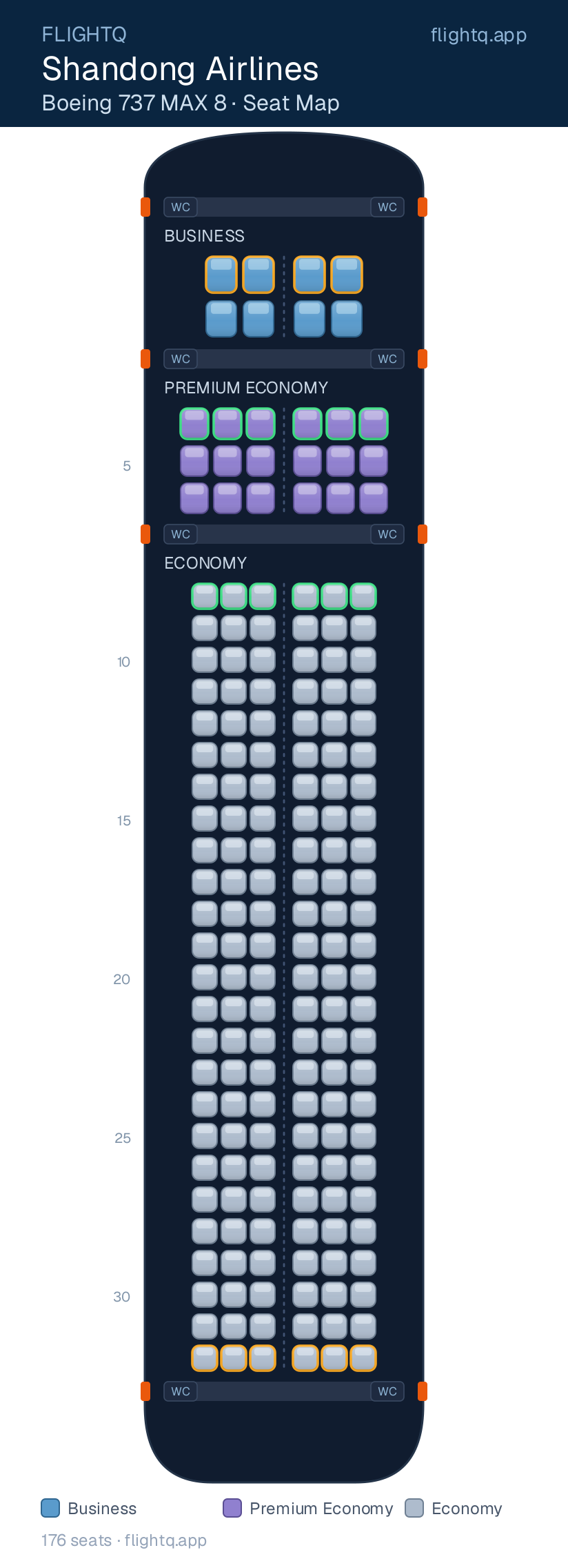 Shandong Airlines Boeing 737 MAX 8 seat map with 176 seats across 3 cabins — best seats and rows to avoid