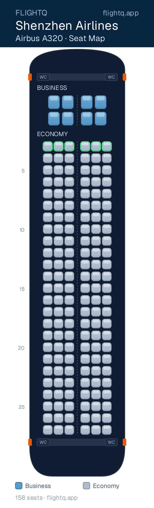 Shenzhen Airlines Airbus A320 seat map with 158 seats across 2 cabins — best seats and rows to avoid