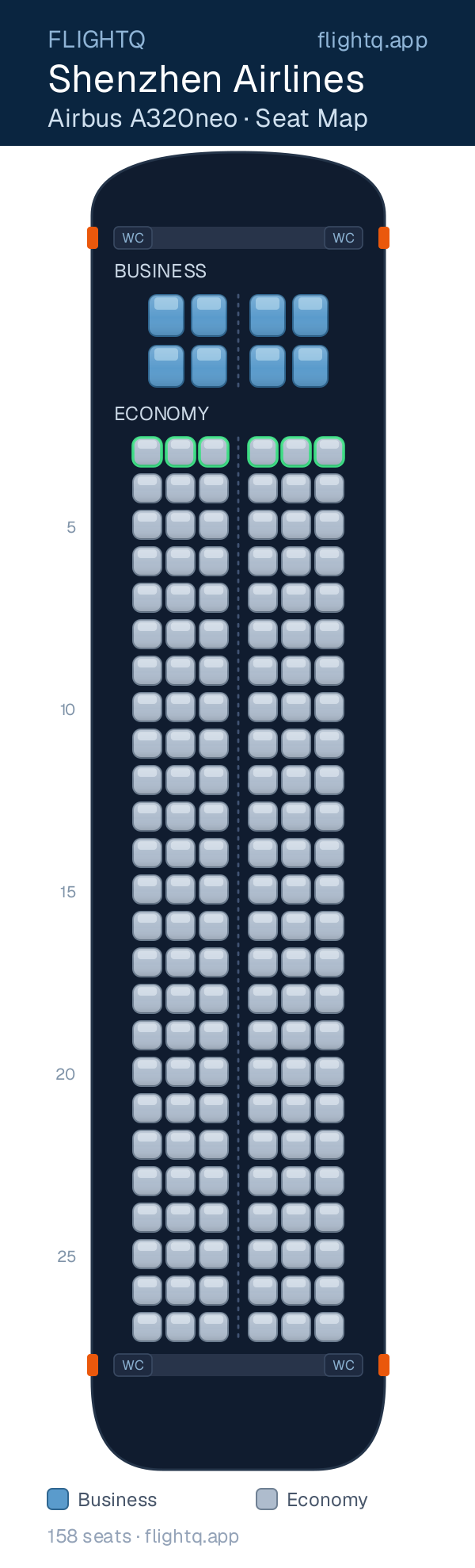 Shenzhen Airlines Airbus A320neo seat map with 158 seats across 2 cabins — best seats and rows to avoid