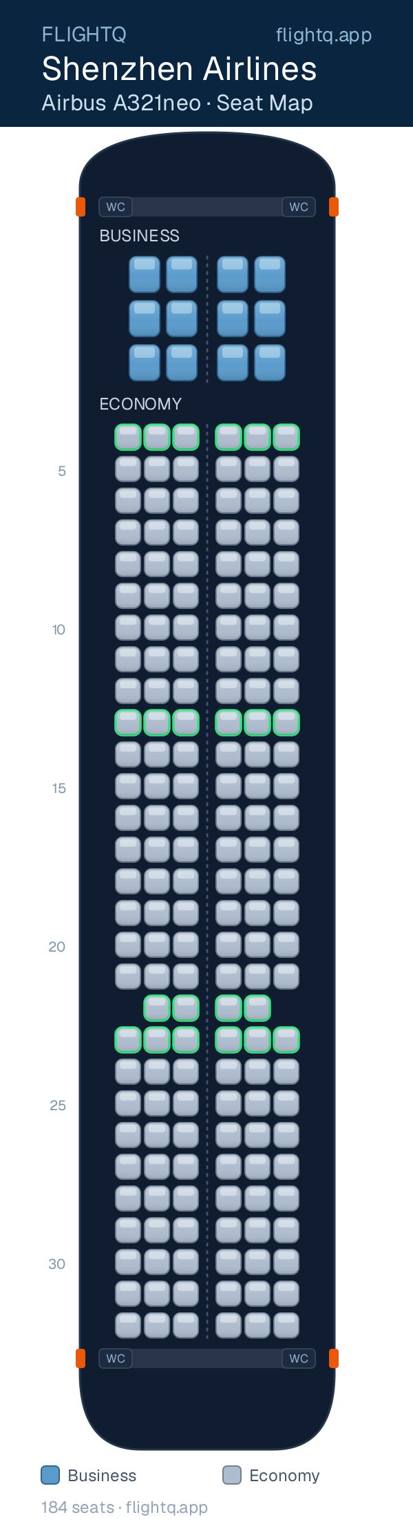 Shenzhen Airlines Airbus A321neo seat map with 184 seats across 2 cabins — best seats and rows to avoid