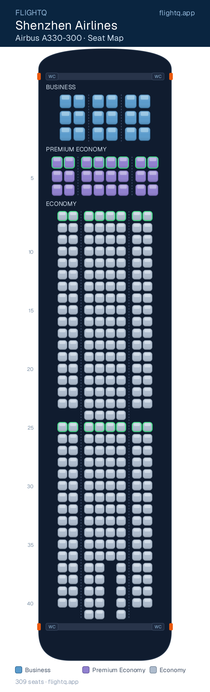 Shenzhen Airlines Airbus A330-300 seat map with 309 seats across 3 cabins — best seats and rows to avoid
