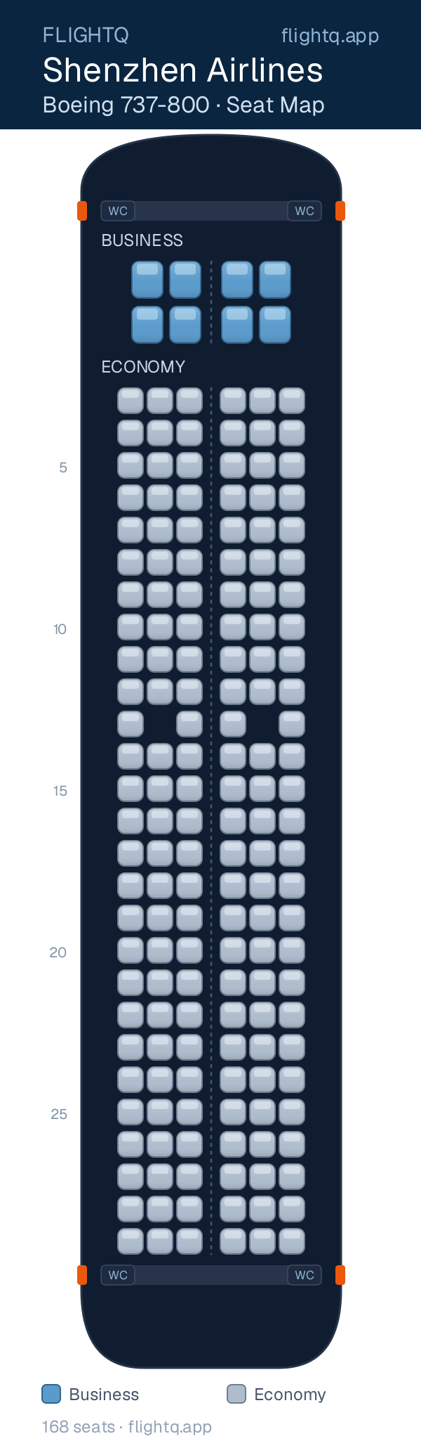 Shenzhen Airlines Boeing 737-800 seat map with 168 seats across 2 cabins — best seats and rows to avoid