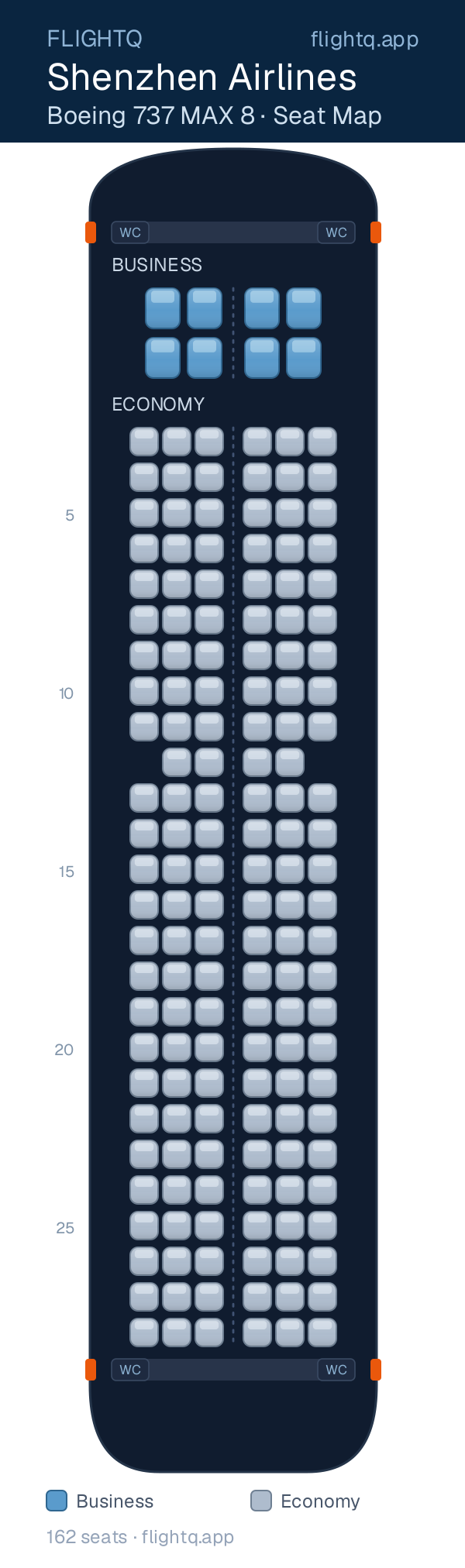 Shenzhen Airlines Boeing 737 MAX 8 seat map with 162 seats across 2 cabins — best seats and rows to avoid