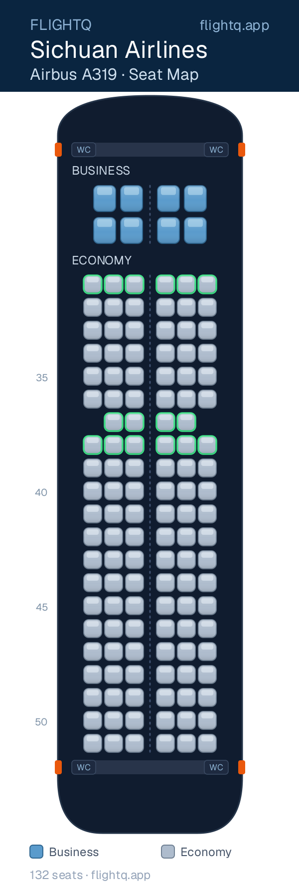 Sichuan Airlines Airbus A319 seat map with 132 seats across 2 cabins — best seats and rows to avoid