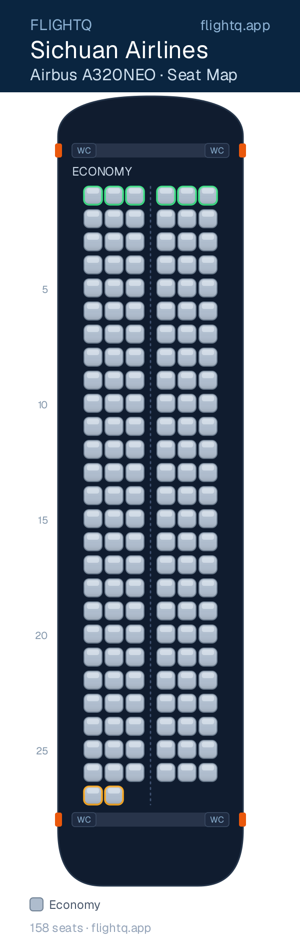 Sichuan Airlines Airbus A320NEO seat map with 158 seats — best seats and rows to avoid