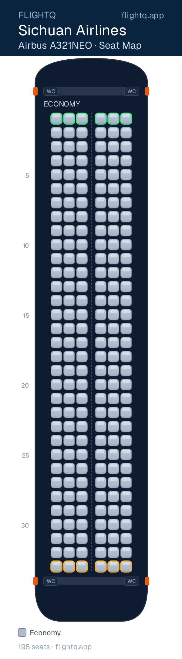 Sichuan Airlines Airbus A321NEO seat map with 198 seats — best seats and rows to avoid