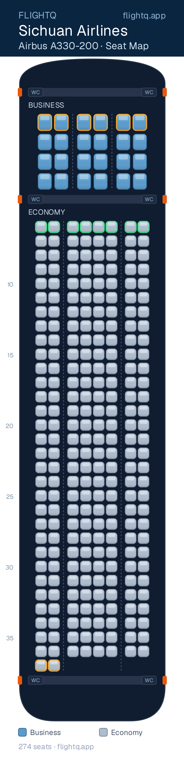 Sichuan Airlines Airbus A330-200 seat map with 274 seats across 2 cabins — best seats and rows to avoid