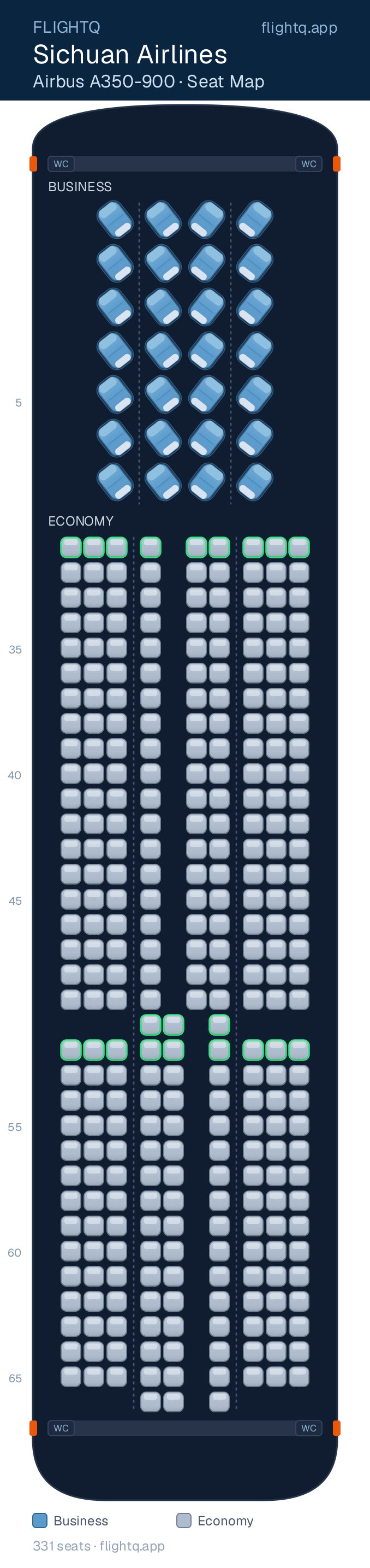 Sichuan Airlines Airbus A350-900 seat map with 331 seats across 2 cabins — best seats and rows to avoid