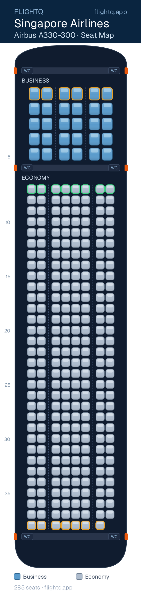 Singapore Airlines Airbus A330-300 seat map with 285 seats across 2 cabins — best seats and rows to avoid