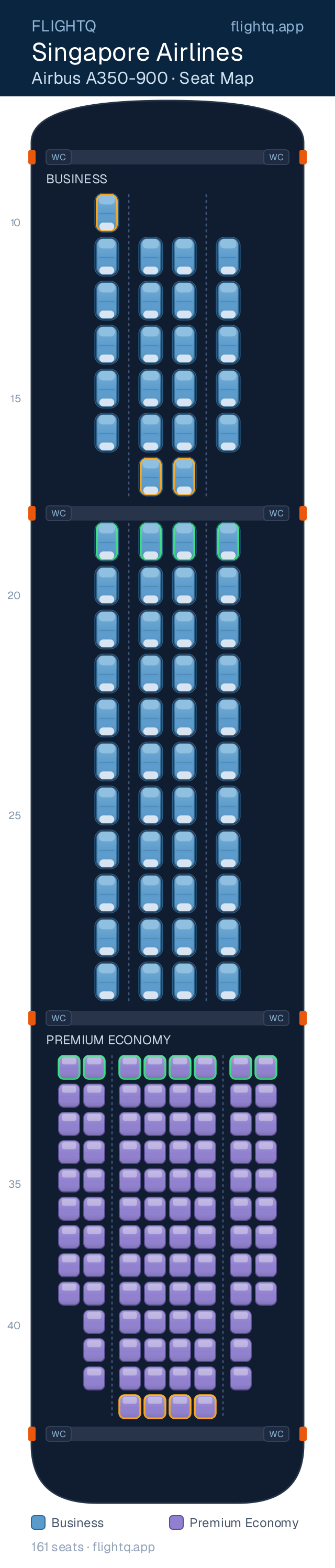 Singapore Airlines Airbus A350-900 seat map with 161 seats across 2 cabins — best seats and rows to avoid