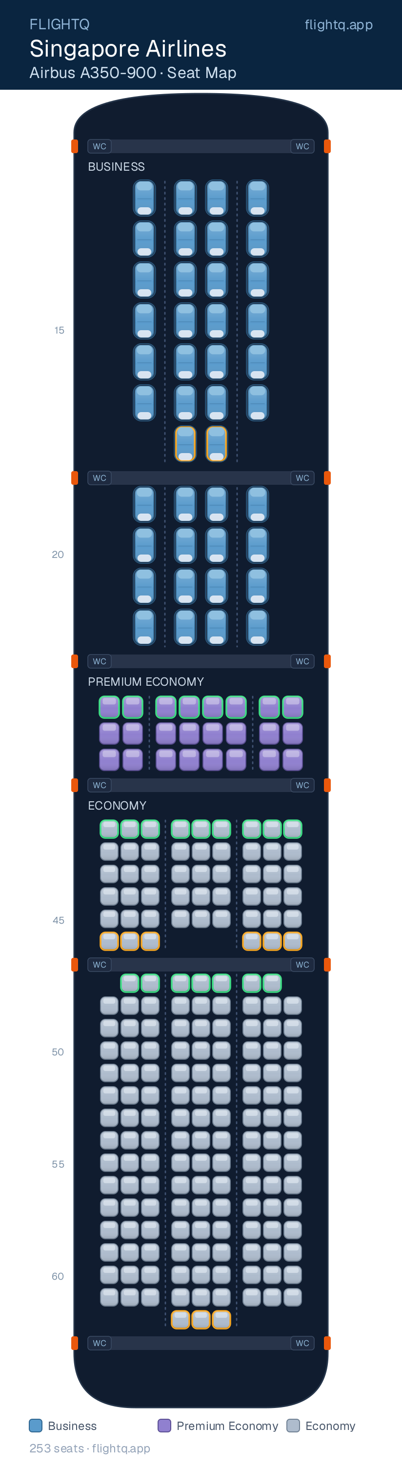 Singapore Airlines Airbus A350-900 seat map with 253 seats across 3 cabins — best seats and rows to avoid