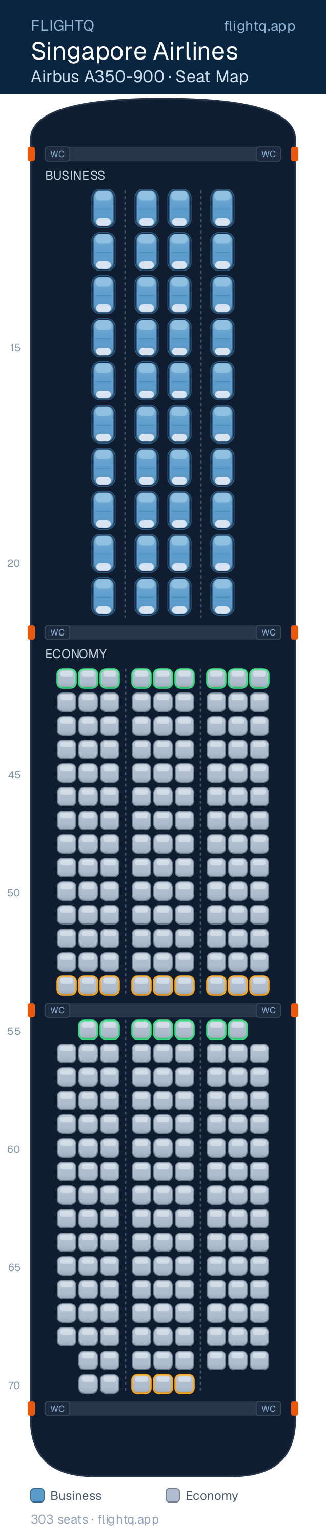 Singapore Airlines Airbus A350-900 seat map with 303 seats across 2 cabins — best seats and rows to avoid