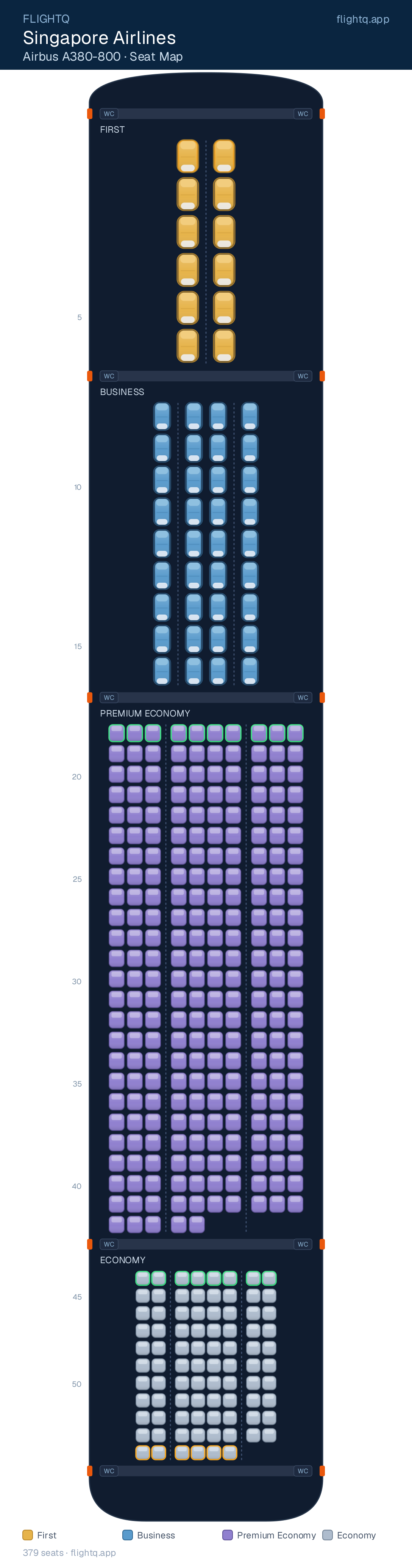 Singapore Airlines Airbus A380-800 seat map with 379 seats across 4 cabins — best seats and rows to avoid