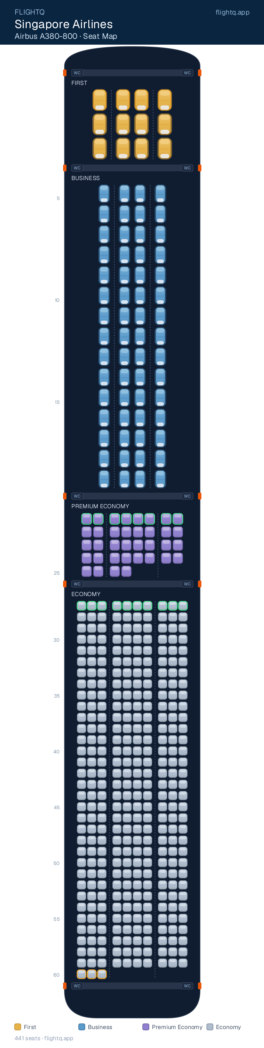 Singapore Airlines Airbus A380-800 seat map with 441 seats across 4 cabins — best seats and rows to avoid