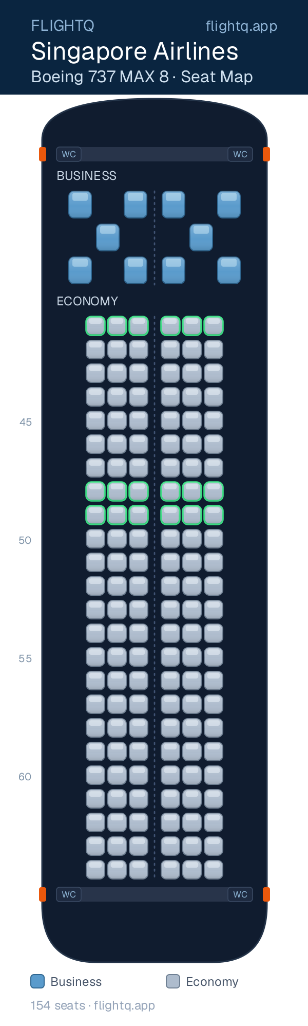 Singapore Airlines Boeing 737 MAX 8 seat map with 154 seats across 2 cabins — best seats and rows to avoid