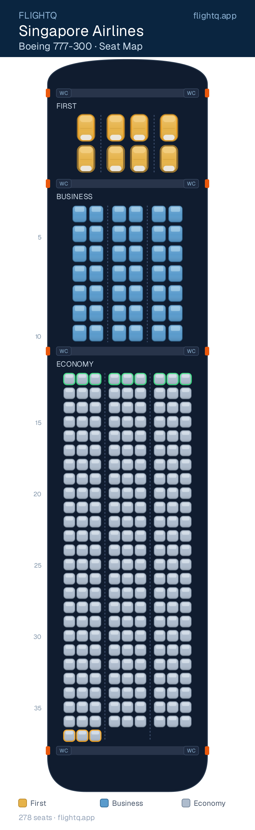 Singapore Airlines Boeing 777-300ER seat map with 278 seats across 3 cabins — best seats and rows to avoid
