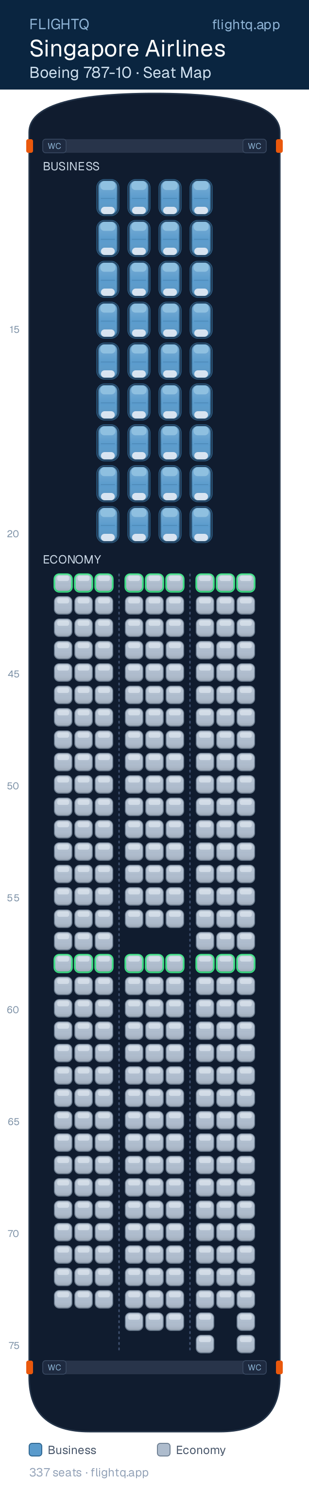 Singapore Airlines Boeing 787-10 Dreamliner seat map with 337 seats across 2 cabins — best seats and rows to avoid
