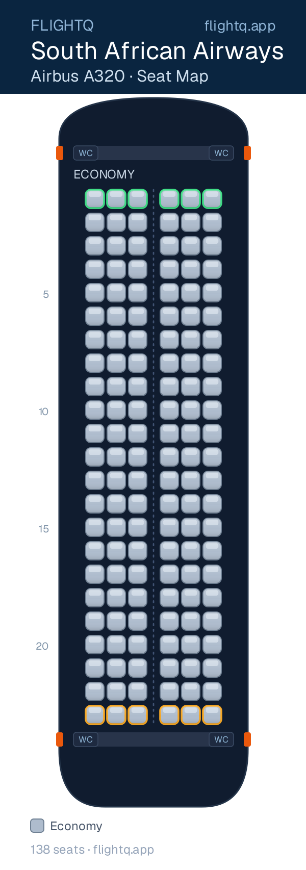 South African Airways Airbus A320 seat map with 138 seats — best seats and rows to avoid