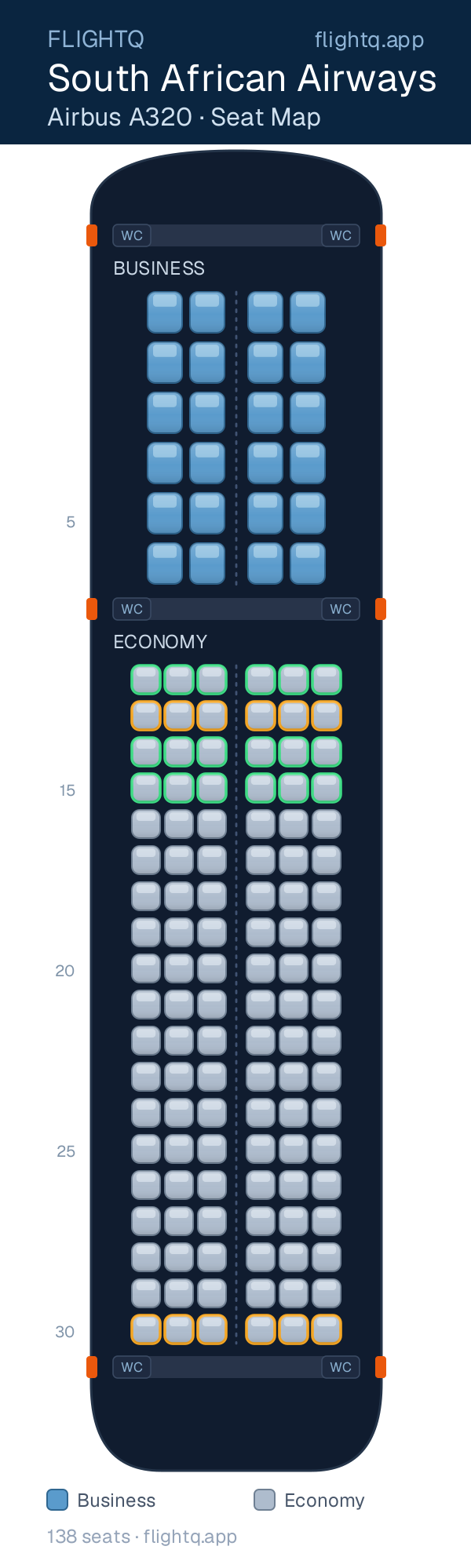 South African Airways Airbus A320 seat map with 138 seats across 2 cabins — best seats and rows to avoid