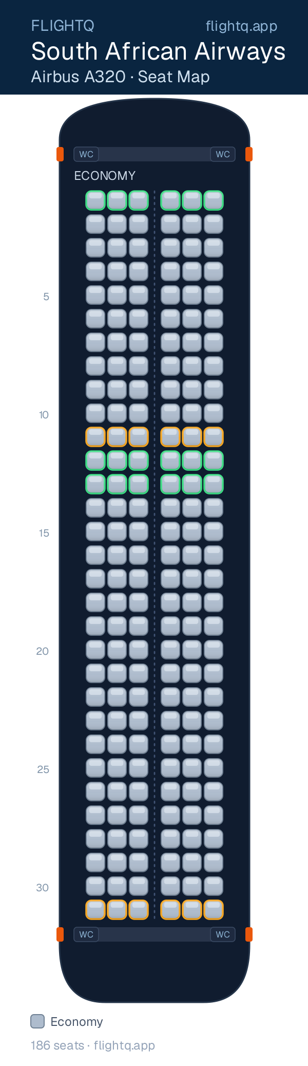 South African Airways Airbus A320 seat map with 186 seats — best seats and rows to avoid