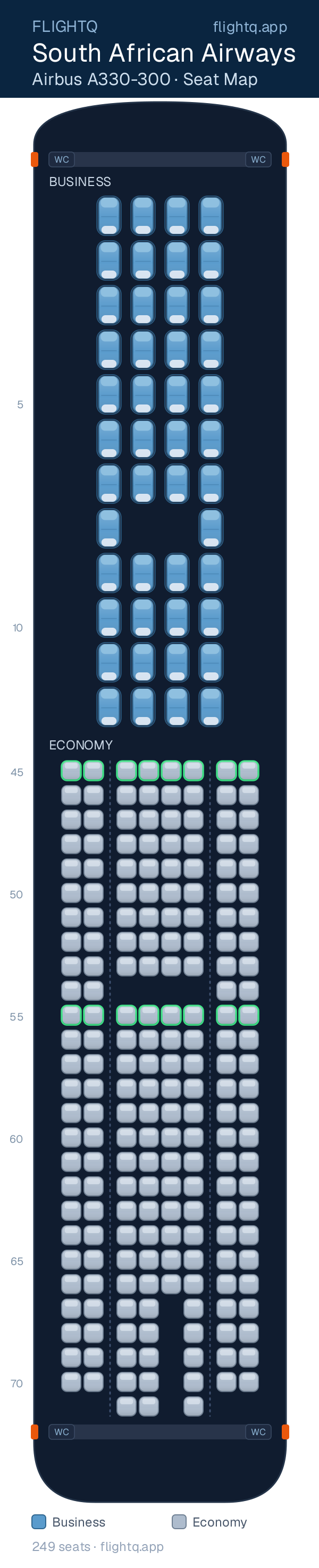South African Airways Airbus A330-300 seat map with 249 seats across 2 cabins — best seats and rows to avoid