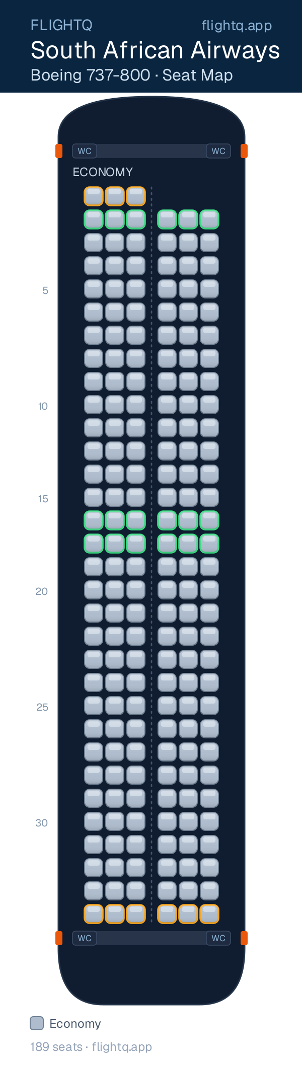 South African Airways Boeing 737-800 seat map with 189 seats — best seats and rows to avoid