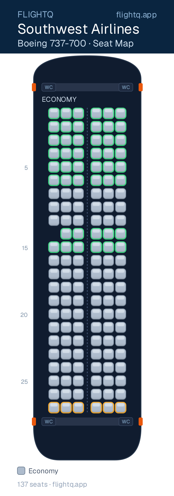 Southwest Airlines Boeing 737-700 seat map with 137 seats — best seats and rows to avoid