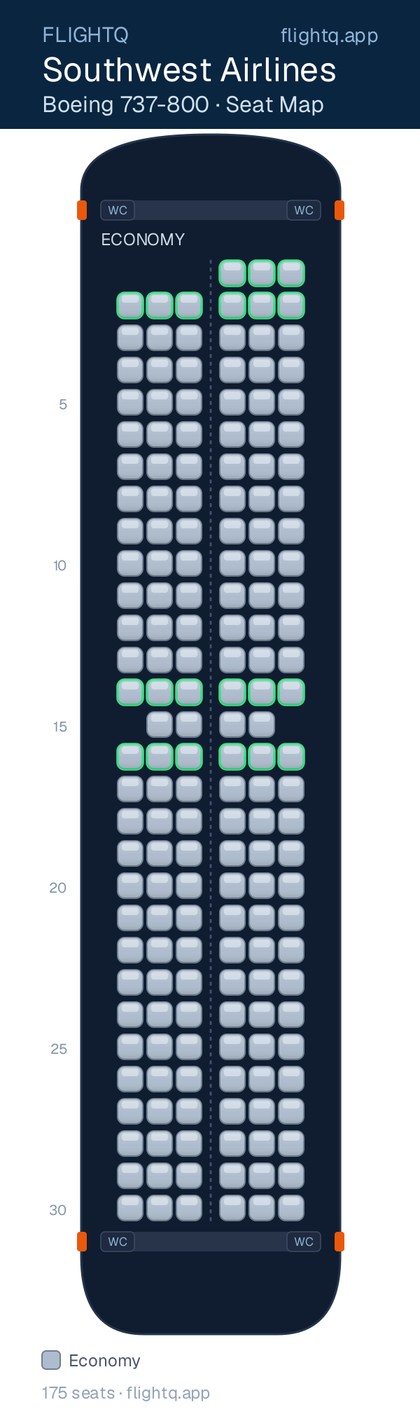 Southwest Airlines Boeing 737-800 seat map with 175 seats — best seats and rows to avoid