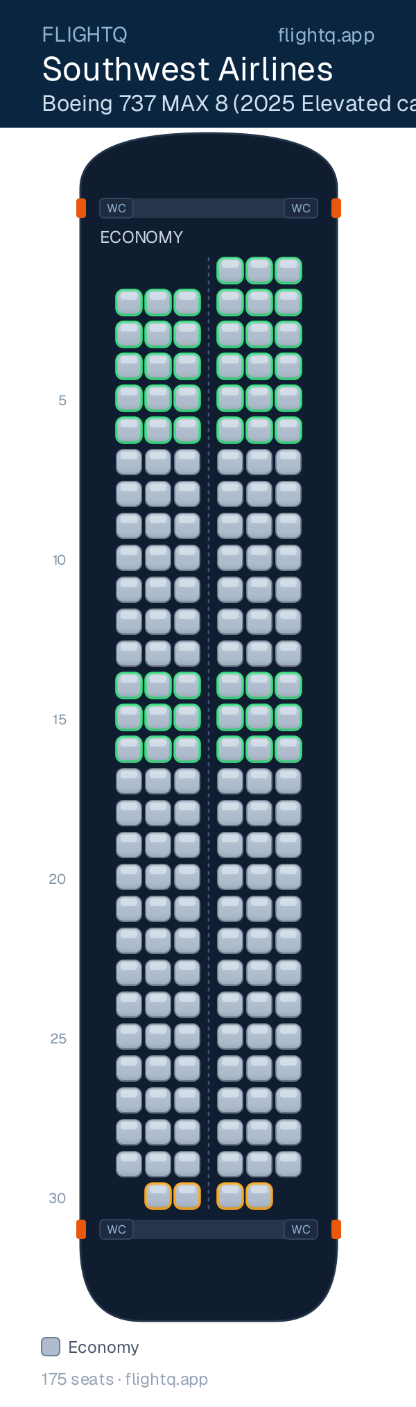 Southwest Airlines Boeing 737 MAX 8 seat map with 175 seats — best seats and rows to avoid