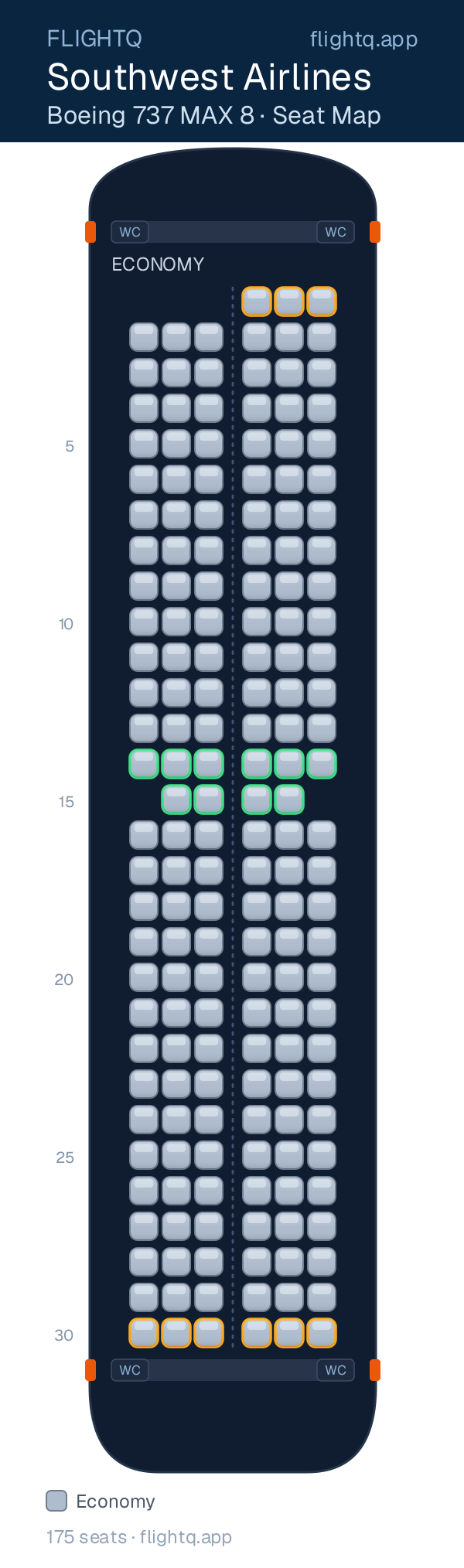 Southwest Airlines Boeing 737 MAX 8 seat map with 175 seats — best seats and rows to avoid