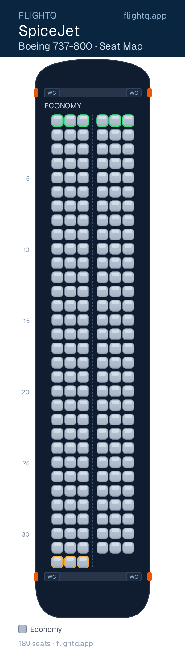 SpiceJet Boeing 737-800 seat map with 189 seats — best seats and rows to avoid