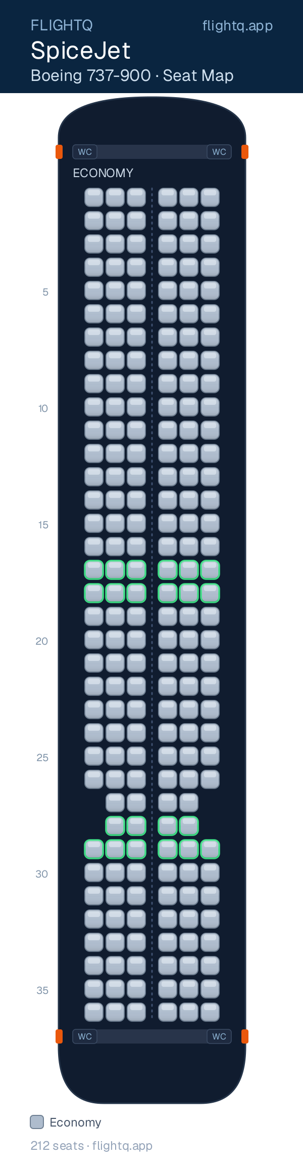 SpiceJet Boeing 737-900 seat map with 212 seats — best seats and rows to avoid