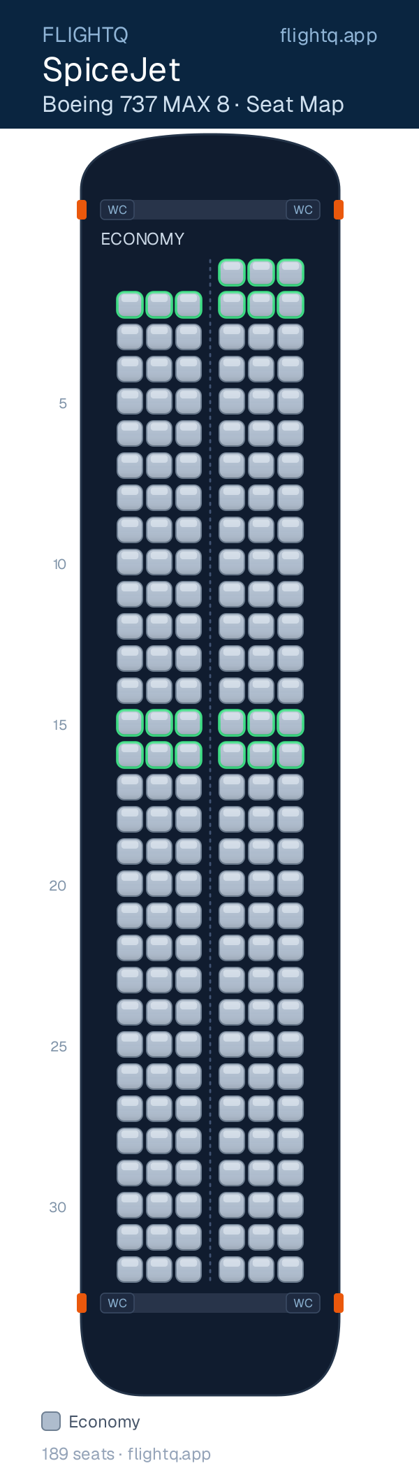 SpiceJet Boeing 737 MAX 8 seat map with 189 seats — best seats and rows to avoid