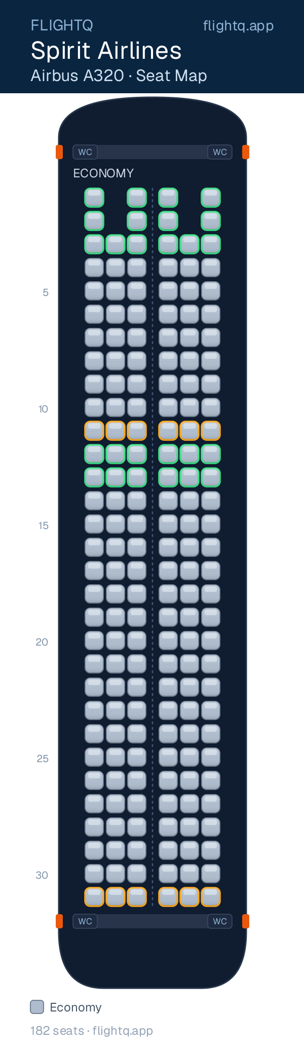 Spirit Airlines Airbus A320 seat map with 182 seats — best seats and rows to avoid