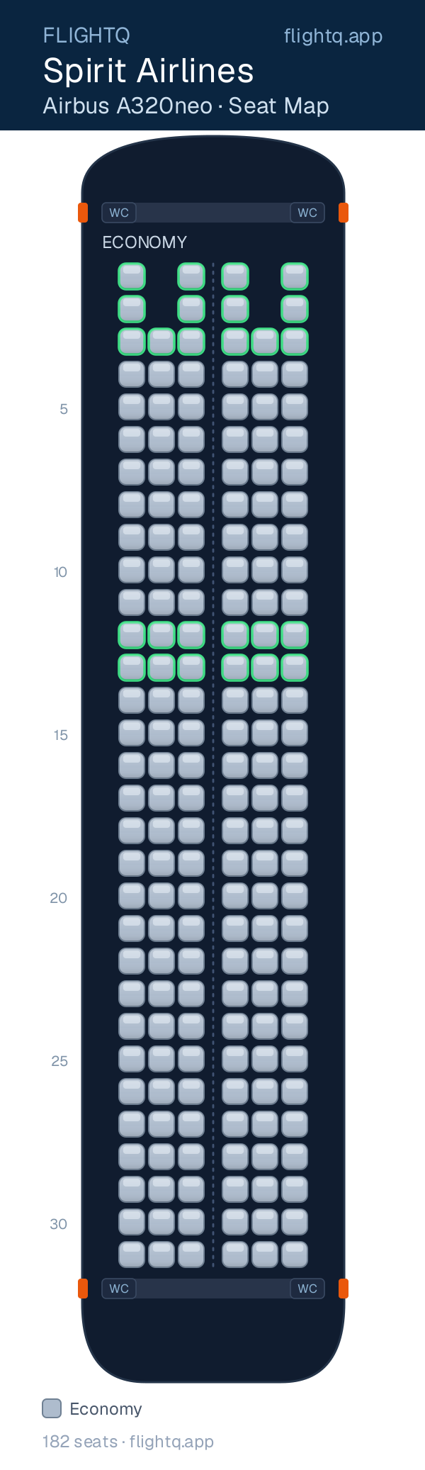 Spirit Airlines Airbus A320neo seat map with 182 seats — best seats and rows to avoid