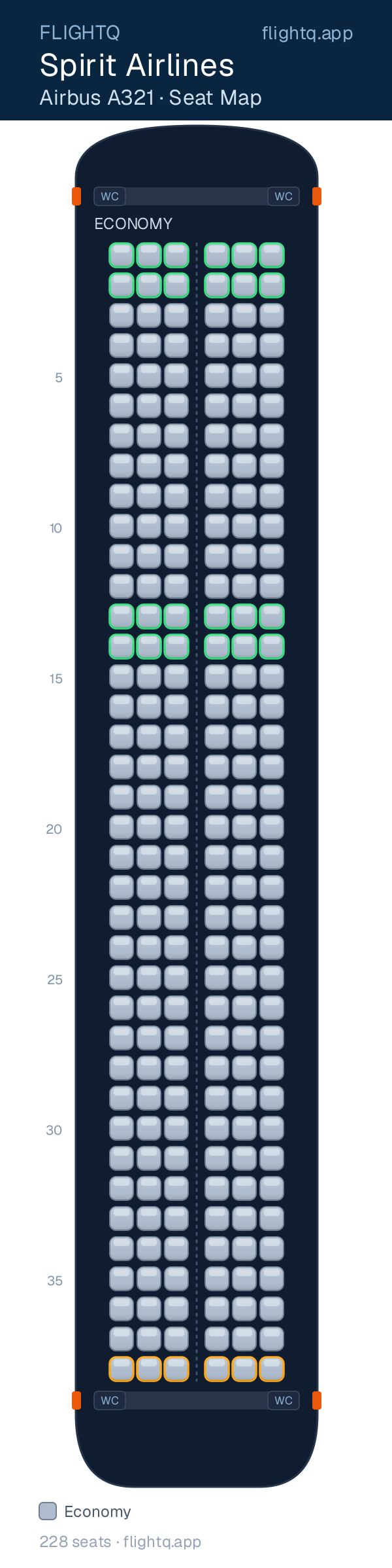Spirit Airlines Airbus A321 seat map with 228 seats — best seats and rows to avoid