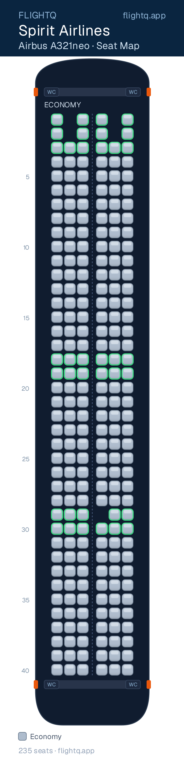 Spirit Airlines Airbus A321neo seat map with 235 seats — best seats and rows to avoid