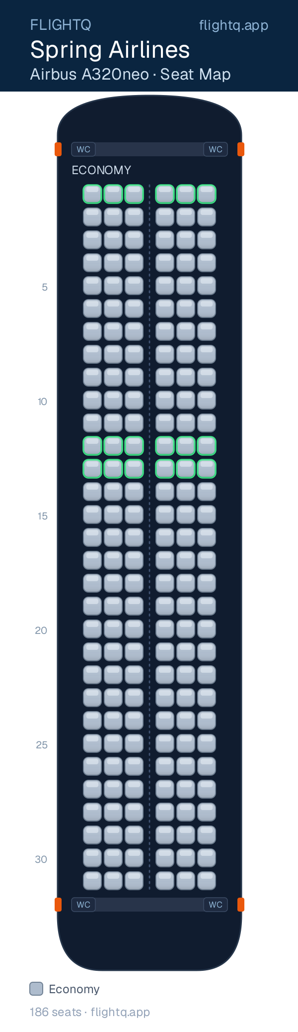 Spring Airlines Airbus A320neo seat map with 186 seats — best-seat rows