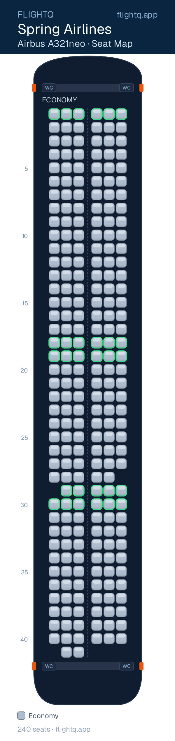 Spring Airlines Airbus A321neo seat map with 240 seats — best-seat rows