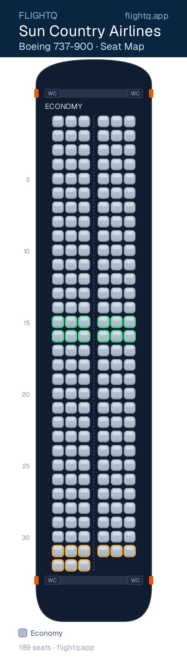 Sun Country Airlines Boeing 737-900 seat map with 189 seats — best seats and rows to avoid