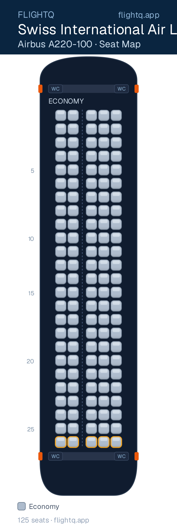Swiss International Air Lines Airbus A220-100 seat map with 125 seats — best seats and rows to avoid