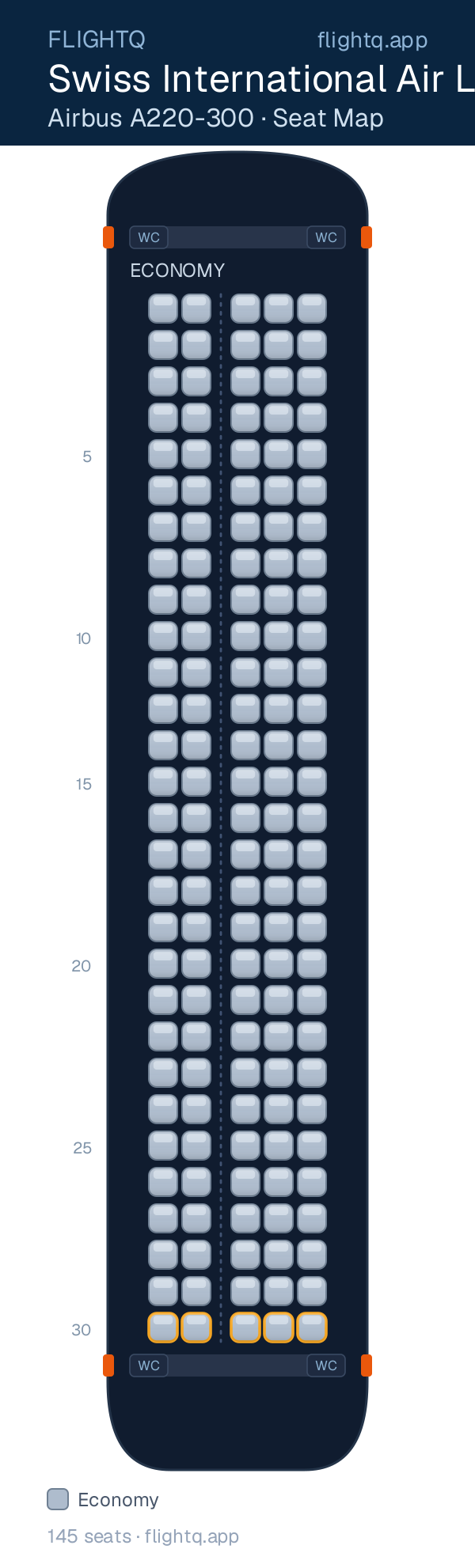 Swiss International Air Lines Airbus A220-300 seat map with 145 seats — best seats and rows to avoid