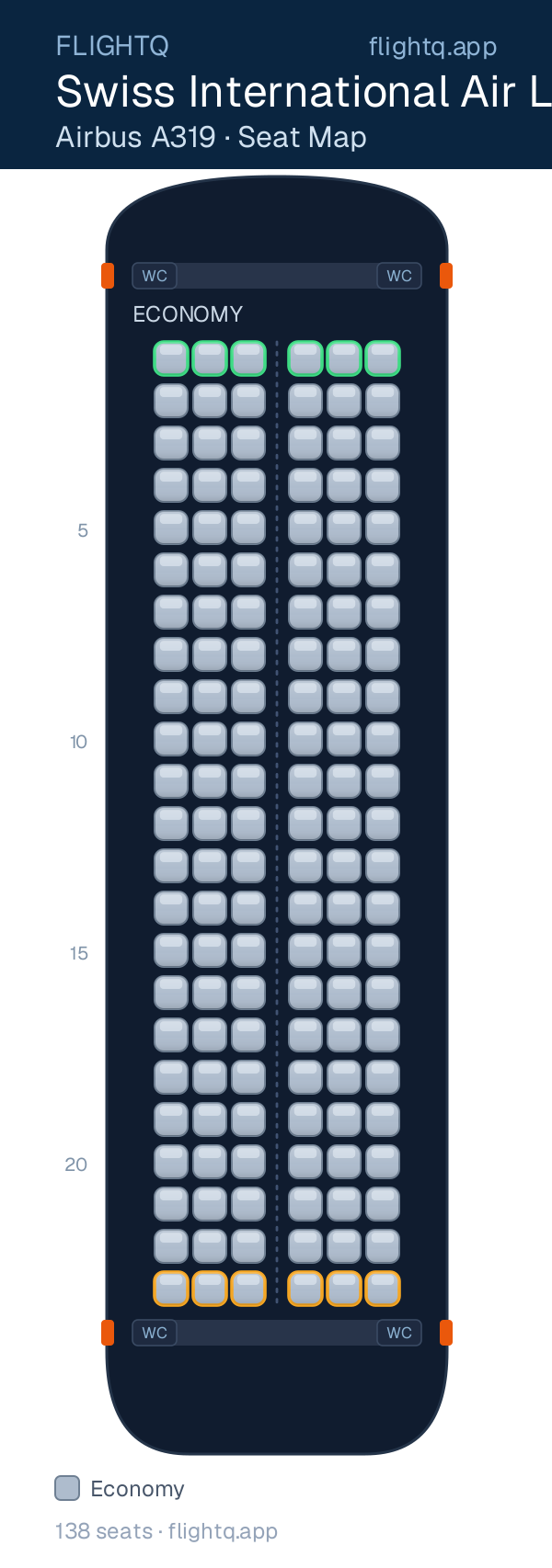 Swiss International Air Lines Airbus A319 seat map with 138 seats — best seats and rows to avoid