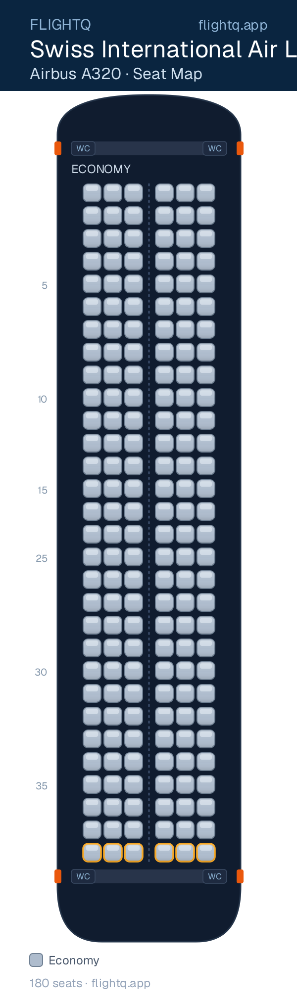Swiss International Air Lines Airbus A320 seat map with 180 seats — best seats and rows to avoid