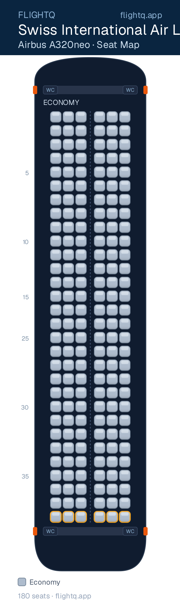 Swiss International Air Lines Airbus A320neo seat map with 180 seats — best seats and rows to avoid