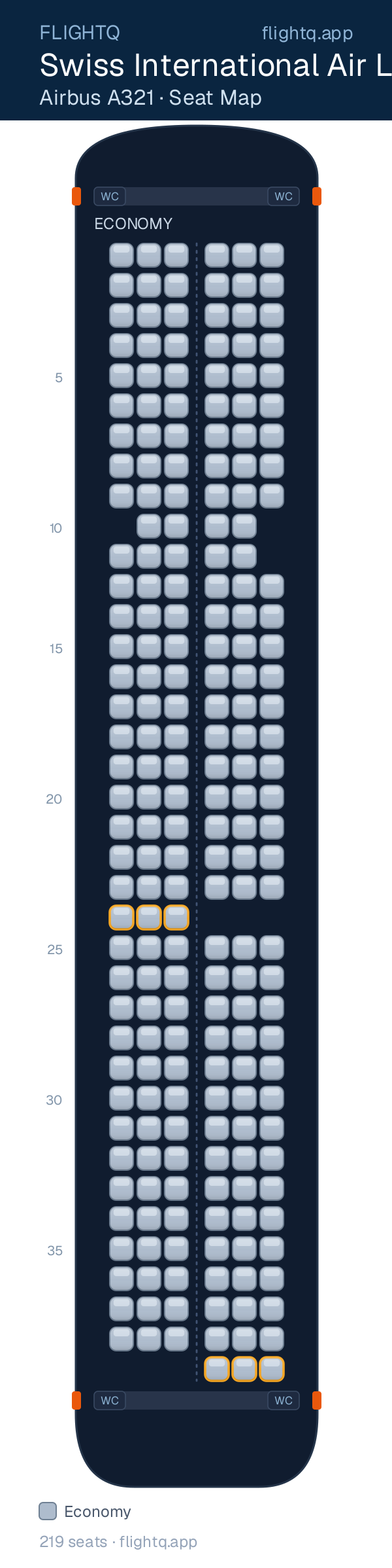 Swiss International Air Lines Airbus A321 seat map with 219 seats — best seats and rows to avoid
