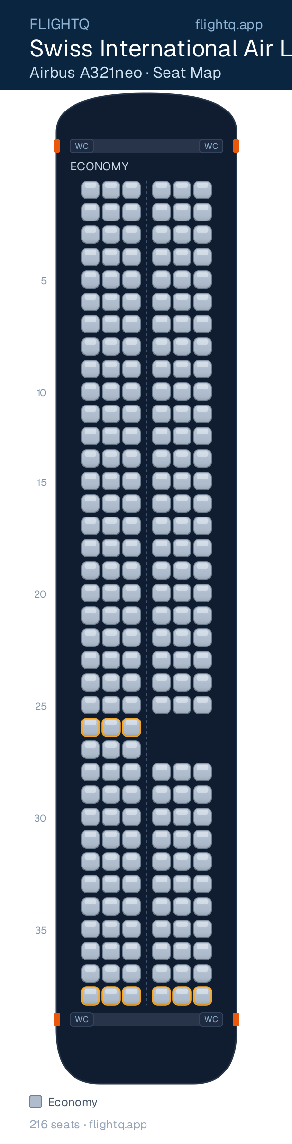 Swiss International Air Lines Airbus A321neo seat map with 216 seats — rows to avoid