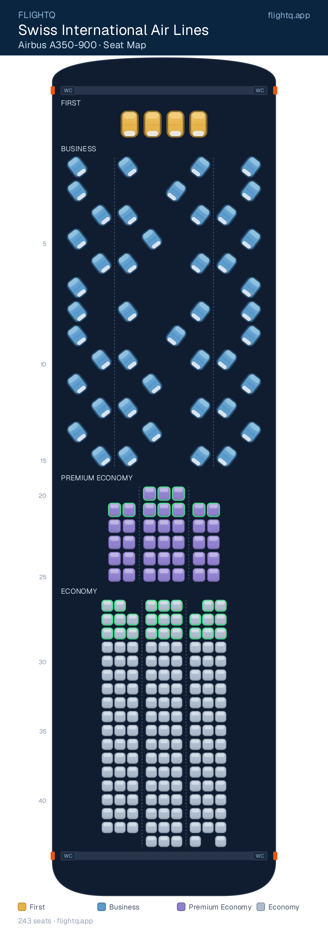 Swiss International Air Lines Airbus A350-900 seat map with 243 seats across 4 cabins — best seats and rows to avoid
